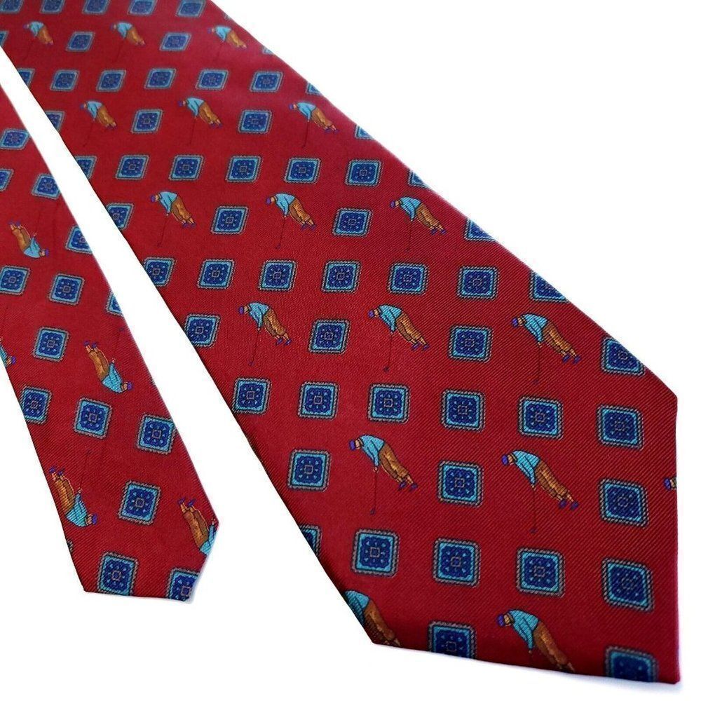 Guy Laroche Red Silk‎ Tie Woven Short Geometric Golf